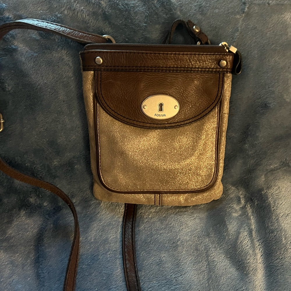 Fossil Metallic Gold and Dark Brown Crossbody Bag